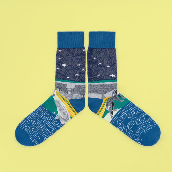 Explore the land of myths and legends with the Ancient East sock. Featuring Newgrange, celestial skies, The salmon of Knowledge, the hound of Culan, and Ogham writing.
