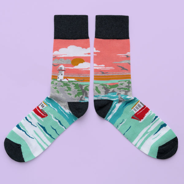 MULTICOLORED IRISH SOCKS DEPICTING CLIFFS OF MOHER BY SOCK CO OP.