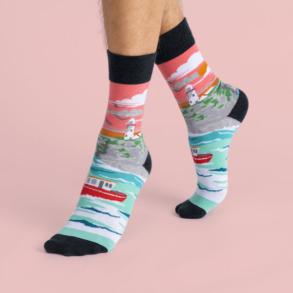 MULTICOLORED IRISH SOCKS DEPICTING CLIFFS OF MOHER BY SOCK CO OP.