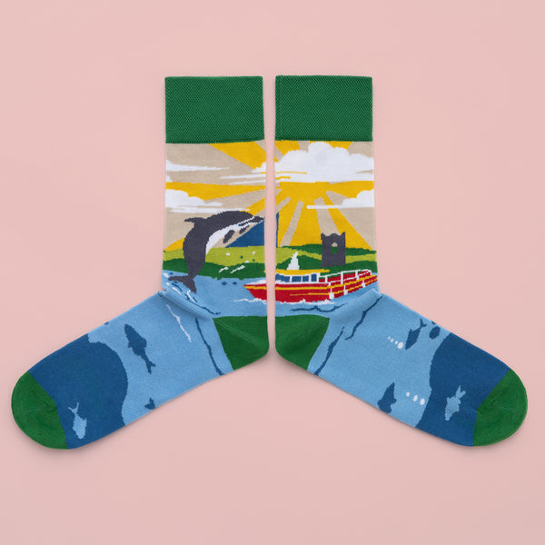MULTICOLOURED IRISH SOCK OF DINGLE DOLPHIN FUNGIE, CO.KERRY, BY SOCK CO OP