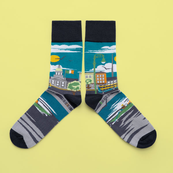 MULTICOLOURED IRISH SOCKS, OF DUBLIN, WITH CUSTOM HOUSE AND LIFFEY, BY SOCK CO OP.