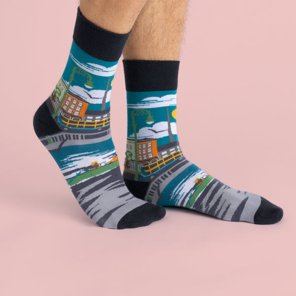 MULTICOLOURED IRISH SOCKS, OF DUBLIN, WITH CUSTOM HOUSE AND LIFFEY, BY SOCK CO OP.