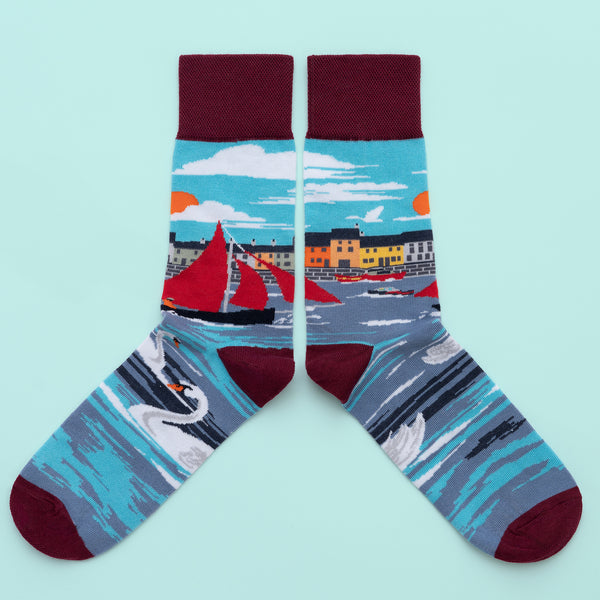 MULTICOLOURED IRISH SOCK OF GALWAY HOOKER BOAT, WITH SWANS BY SOCK CO OP
