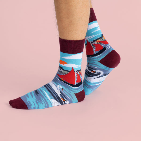 MULTICOLOURED IRISH SOCK OF GALWAY HOOKER BOAT, WITH SWANS BY SOCK CO OP