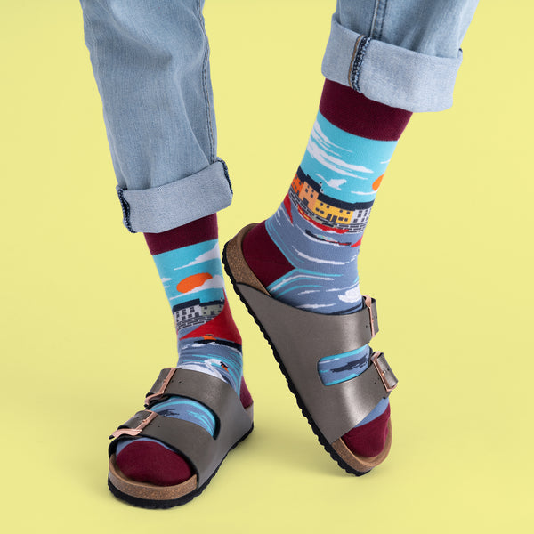 MULTICOLOURED IRISH SOCK OF GALWAY HOOKER BOAT, WITH SWANS BY SOCK CO OP