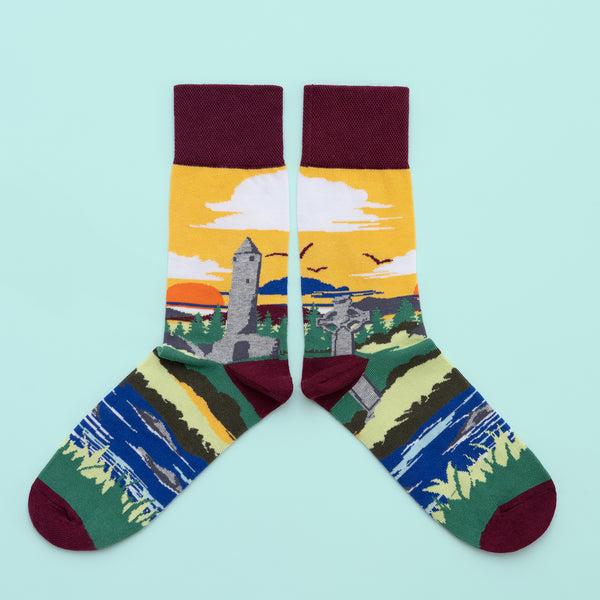 MULTICOLOURED IRISH SOCK OF ROUND TOWER, GLENDALOUGH,WICKLOW, BY SOCK CO OP