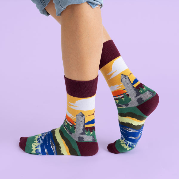 MULTICOLOURED IRISH SOCK OF ROUND TOWER, GLENDALOUGH,WICKLOW, BY SOCK CO OP