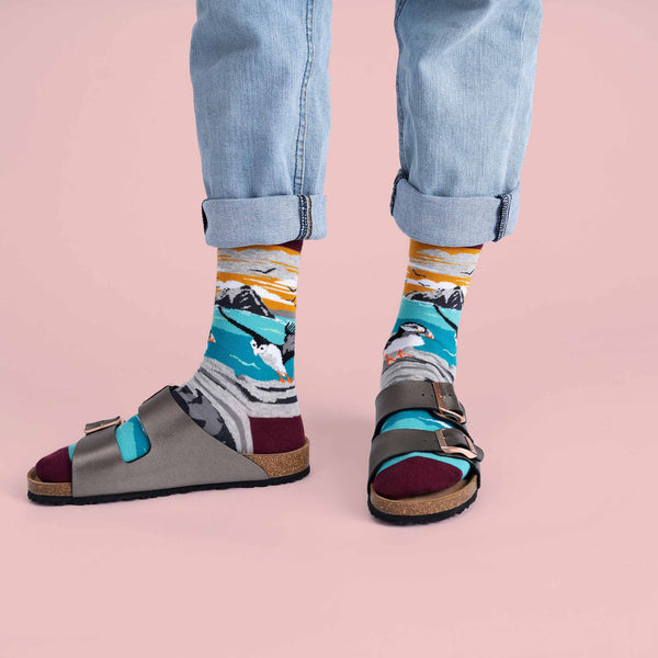 MULTICOLOURED IRISH SOCK OF SKELLIGS AND PUFFINS BY SOCK CO OP