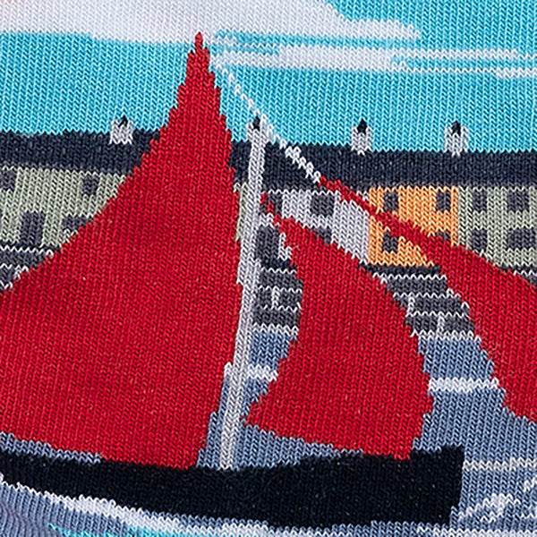MULTICOLOURED IRISH SOCK OF GALWAY HOOKER BOAT, WITH SWANS BY SOCK CO OP