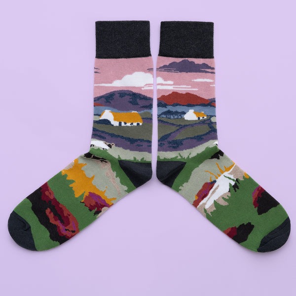 MULTICOLOURED IRISH SOCK OF THATCHED COTTAGE IN CONNEMARA GALWAY, BY SOCK CO OP.