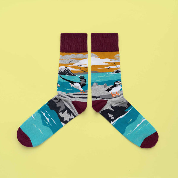 MULTICOLOURED IRISH SOCK OF SKELLIGS AND PUFFINS BY SOCK CO OP