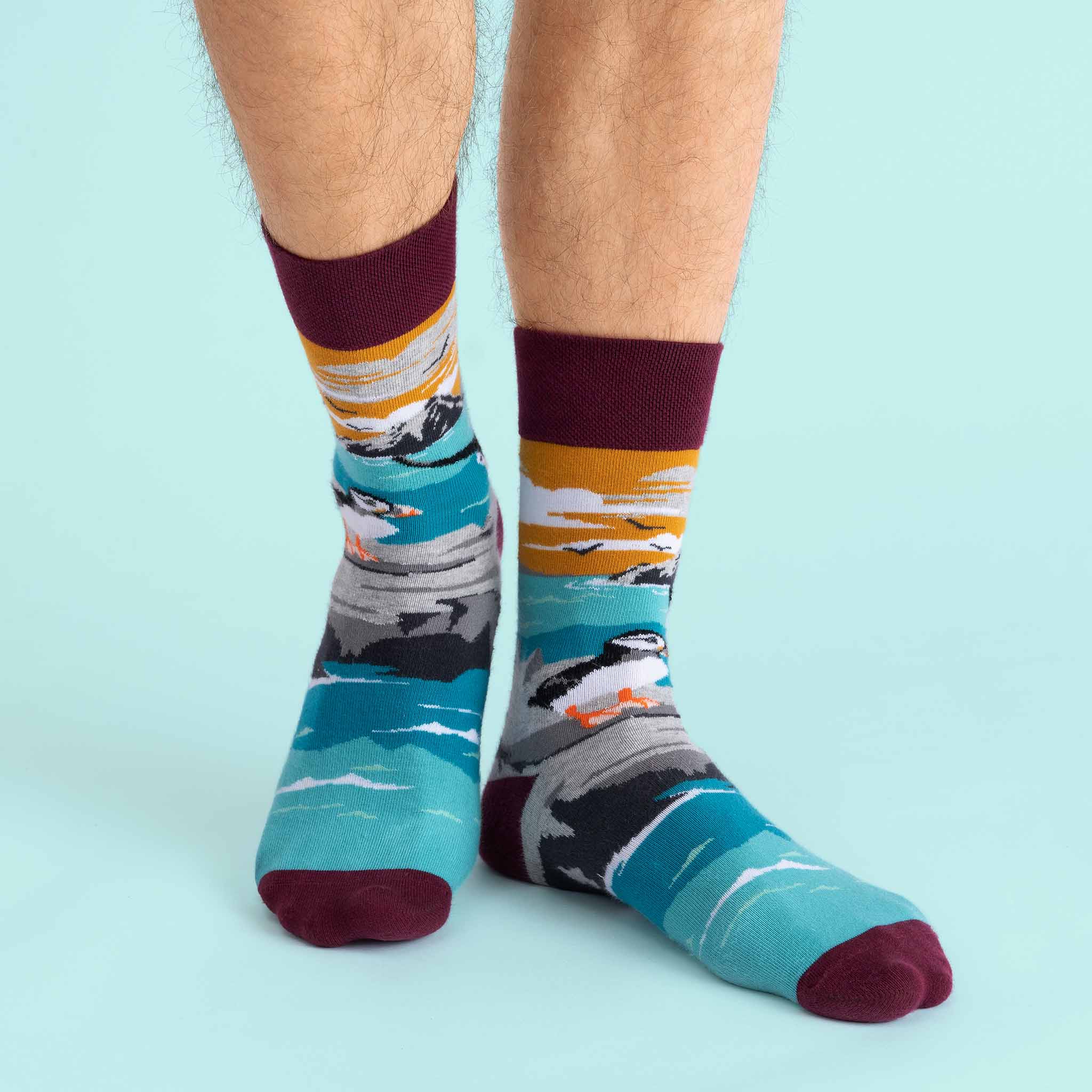 MULTICOLOURED IRISH SOCK OF SKELLIGS AND PUFFINS BY SOCK CO OP ON MAN